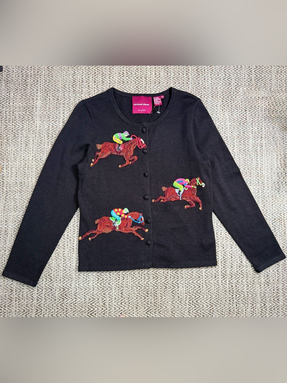 Michael Simon New York Horse Racing Cardigan Sweater Black Embroidered Sequin PS
